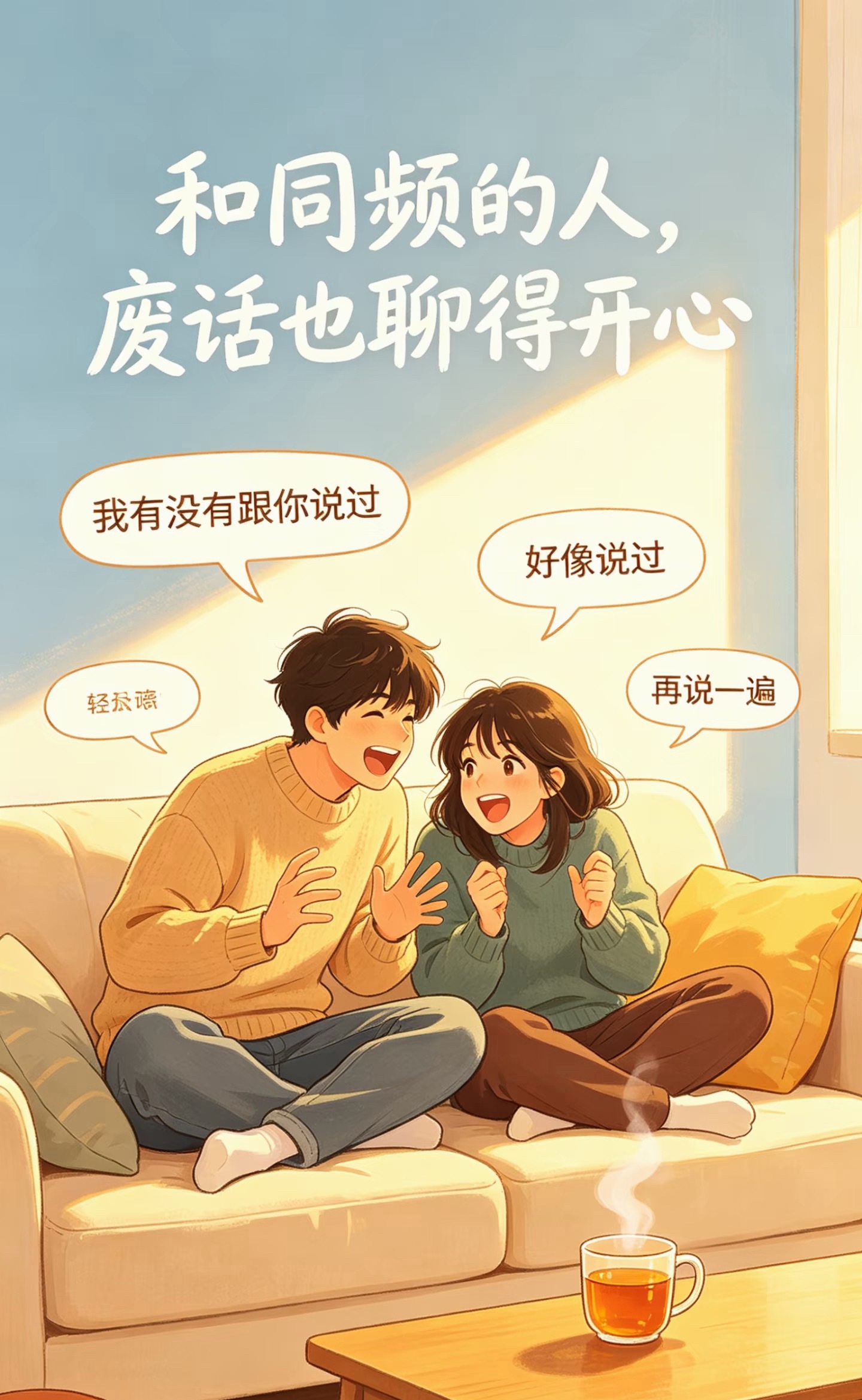 永远有话聊的原因不是天生就默契十足，是愿意互相迁就、愿意分享日常。认真倾听、真诚