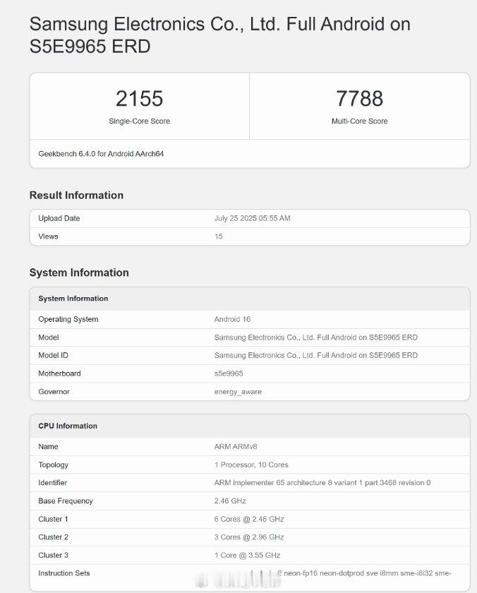 听说Exynos2600是十核CPU，目前跑分显示频率在2.48GHz，单核成绩