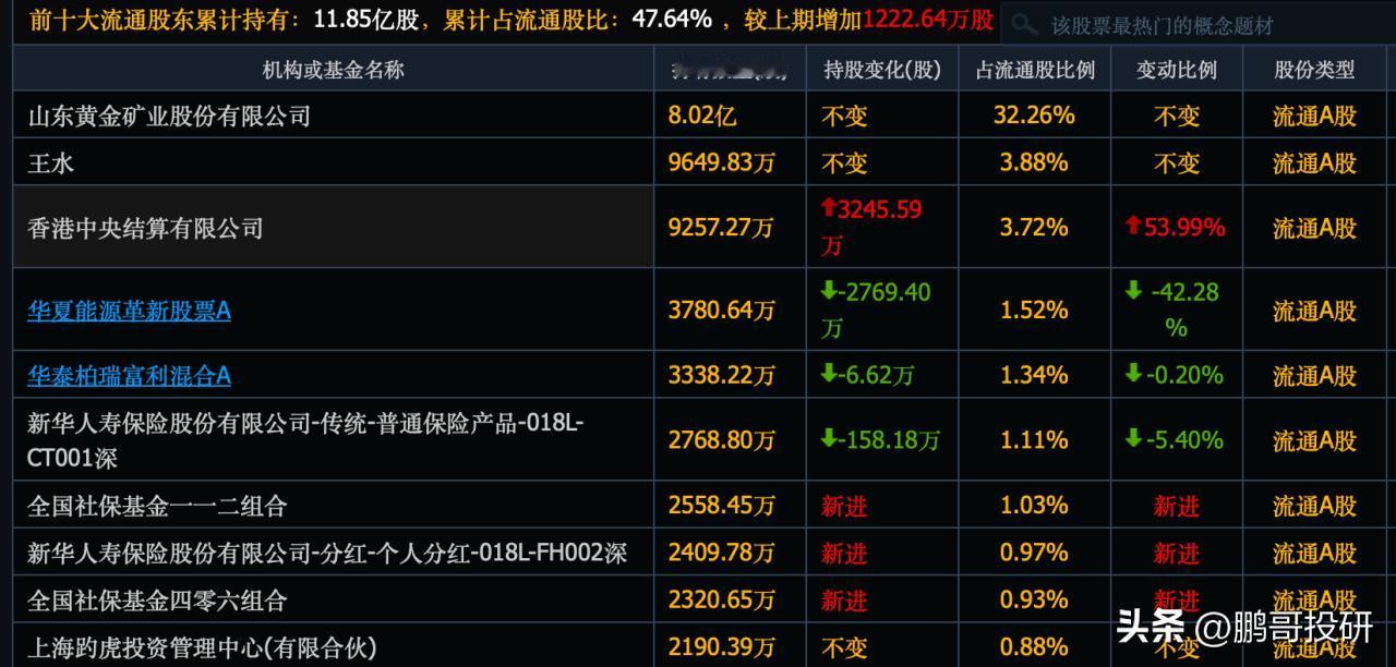 黄金股接下来有望暴涨，社保基金已经提前埋伏了这10个股票，直接买成前十大股东了。