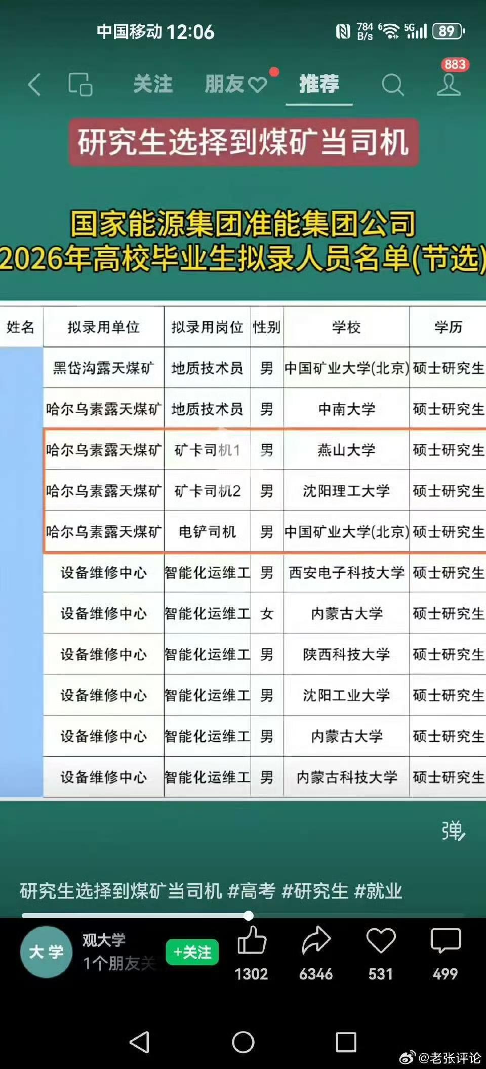 辛苦读的研究生，也就只能在煤矿山开矿车。放在以前，不识字的都能开，有学历的绝可能