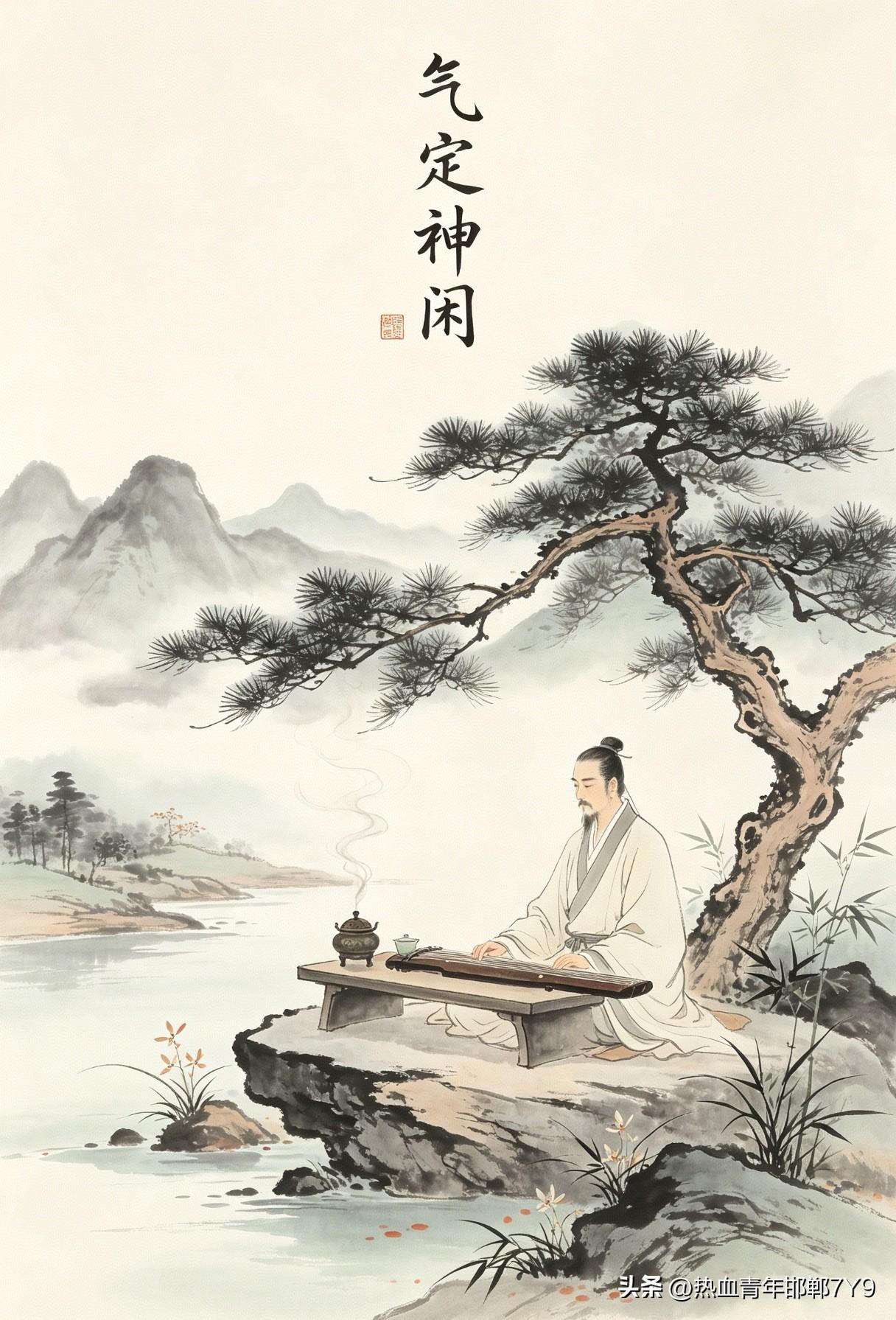 山青水净，气定神闲。
上联表述的是空灵、清静的自然环境，下联以人的安逸状态来应对