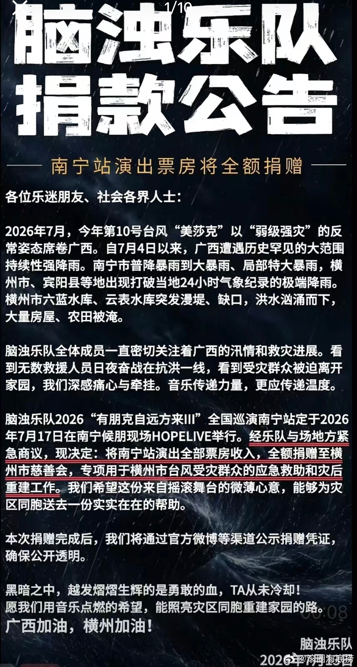 脑浊乐队“有朋克自远方来III”南宁站演出票房收入全额捐赠至横州市慈善会 