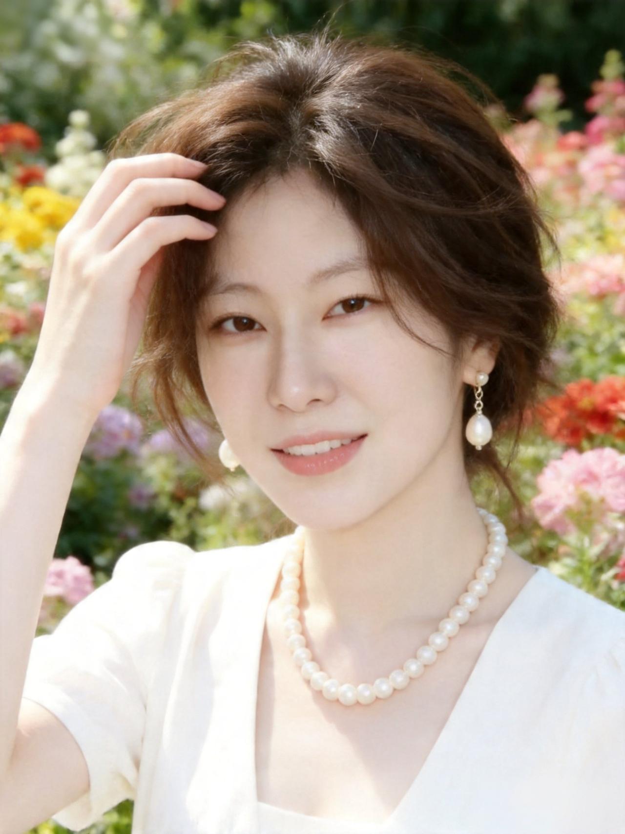 温柔甜美的花海中，优雅的珍珠点缀着她的微笑。