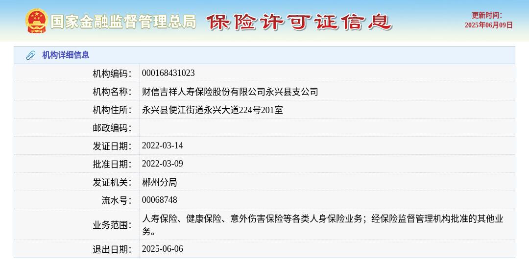 财信吉祥人寿保险股份有限公司永兴县支公司获准退出, 退出日期2025年6月6日