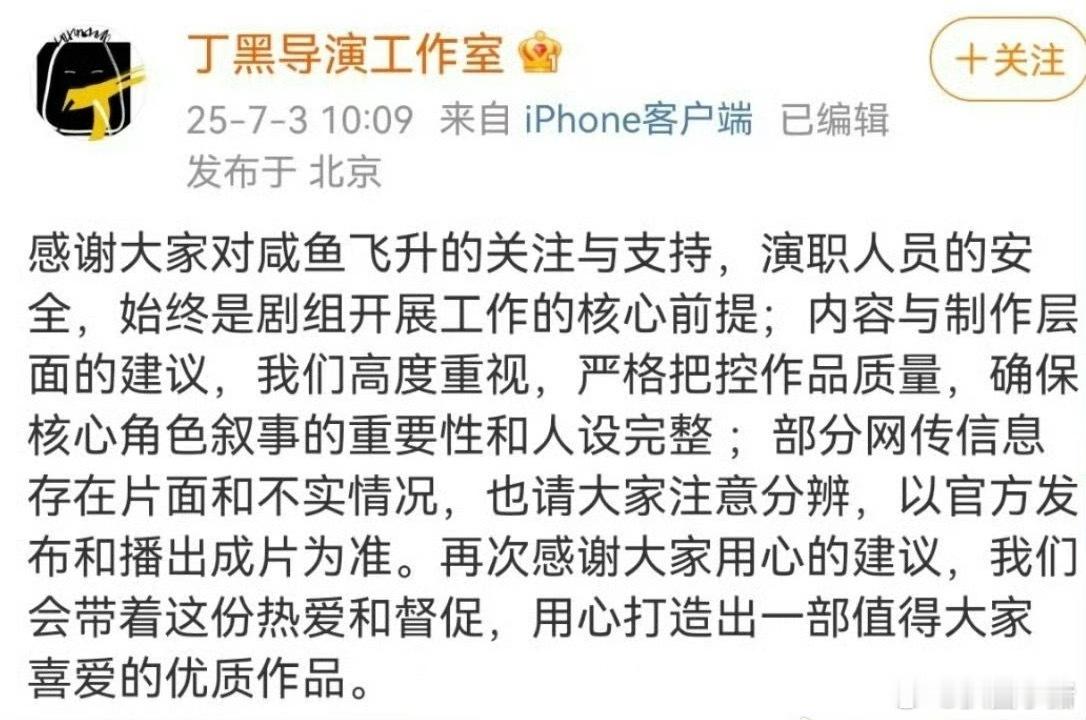 昨天王鹤棣后援会维权，刚刚《咸鱼飞升》导演丁黑回应了：会严格把控作品质量，确保核