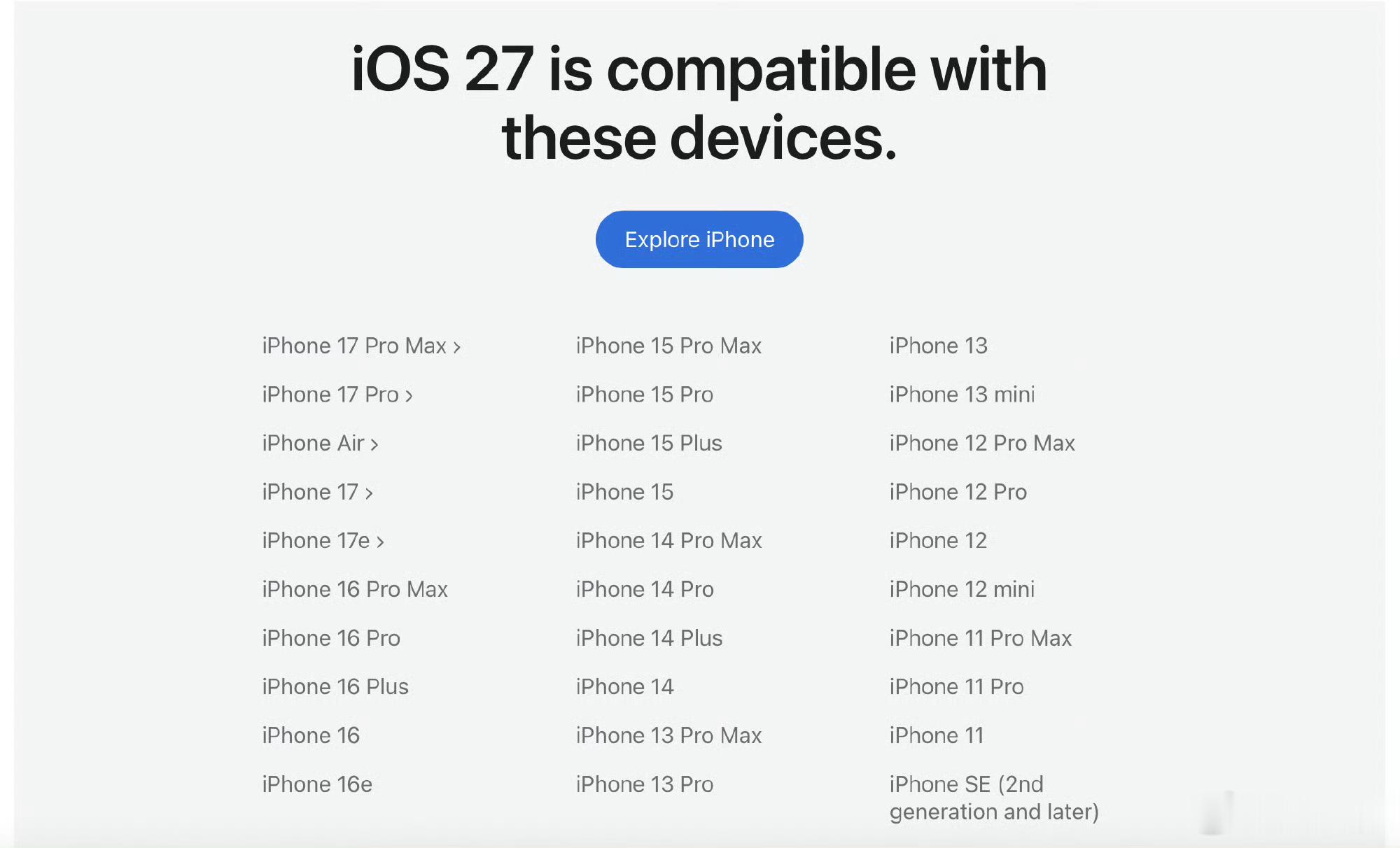 iOS27适配机型公布iPhone11居然也可以更新ios27，不过你们觉得国内