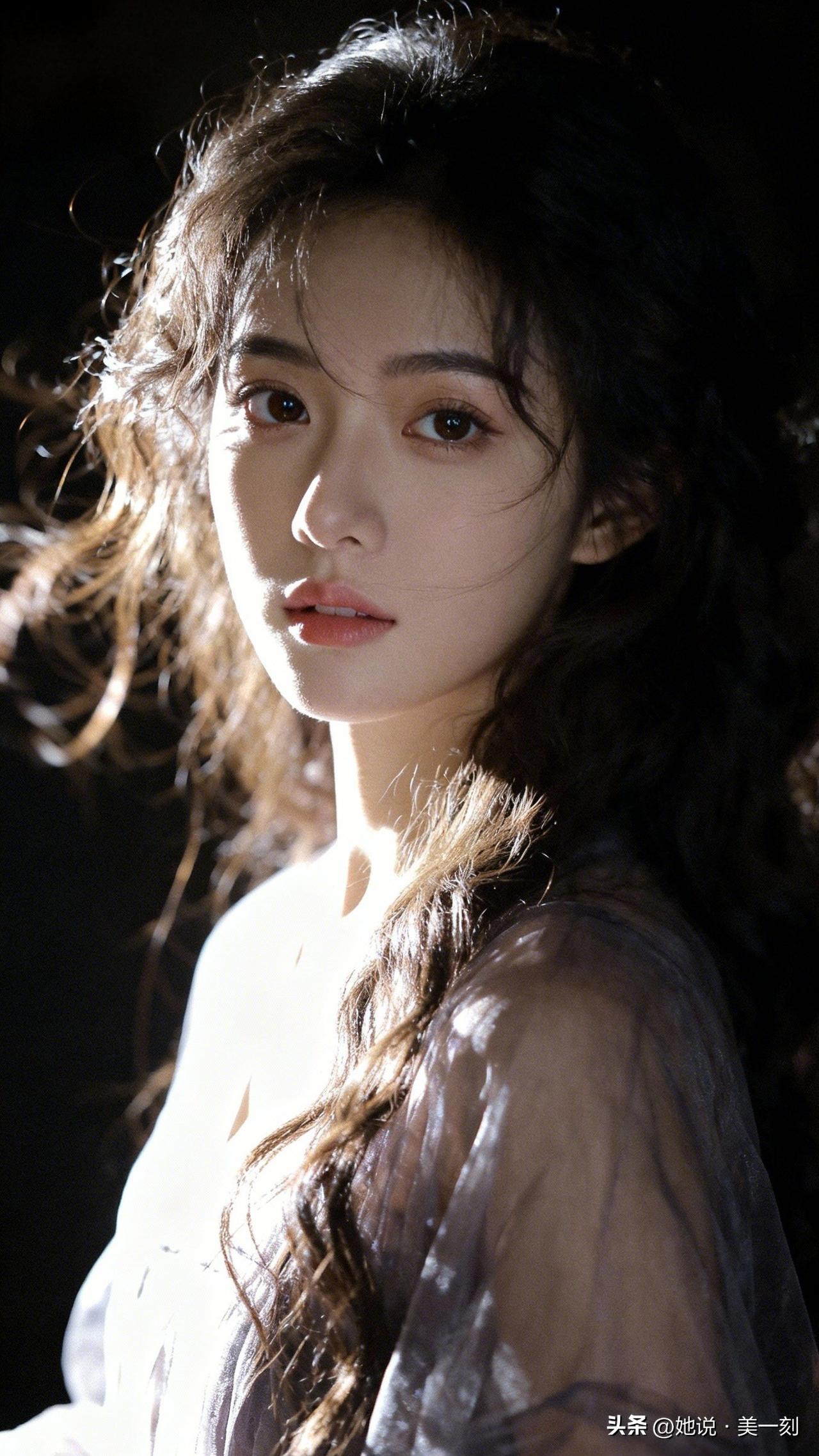 梦幻光影下的少女，温柔如水，美得令人窒息。