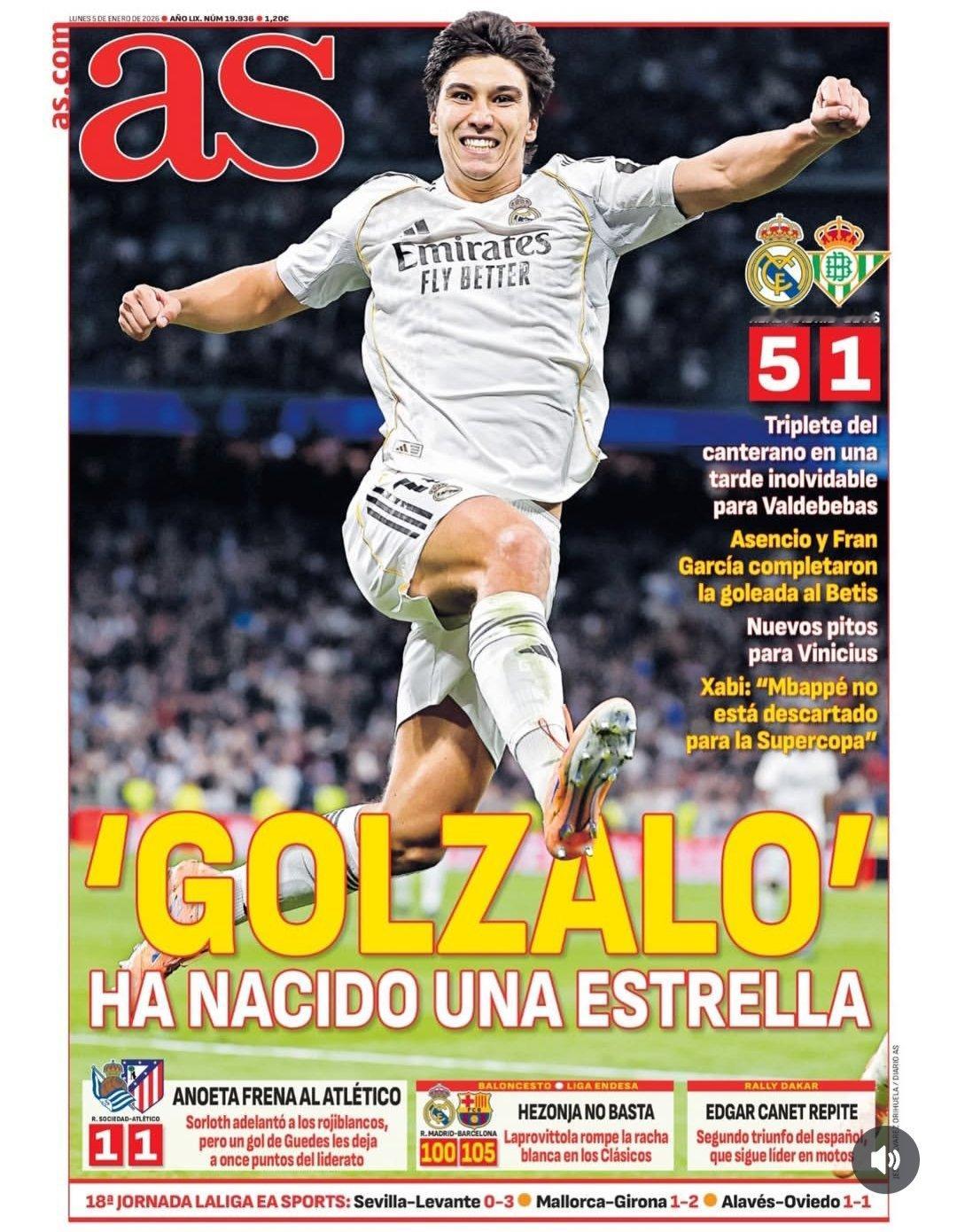 皇马 《阿斯》贡萨洛，一颗明星诞生这位青训小将在这个巴尔德贝巴斯难忘夜晚的帽子戏