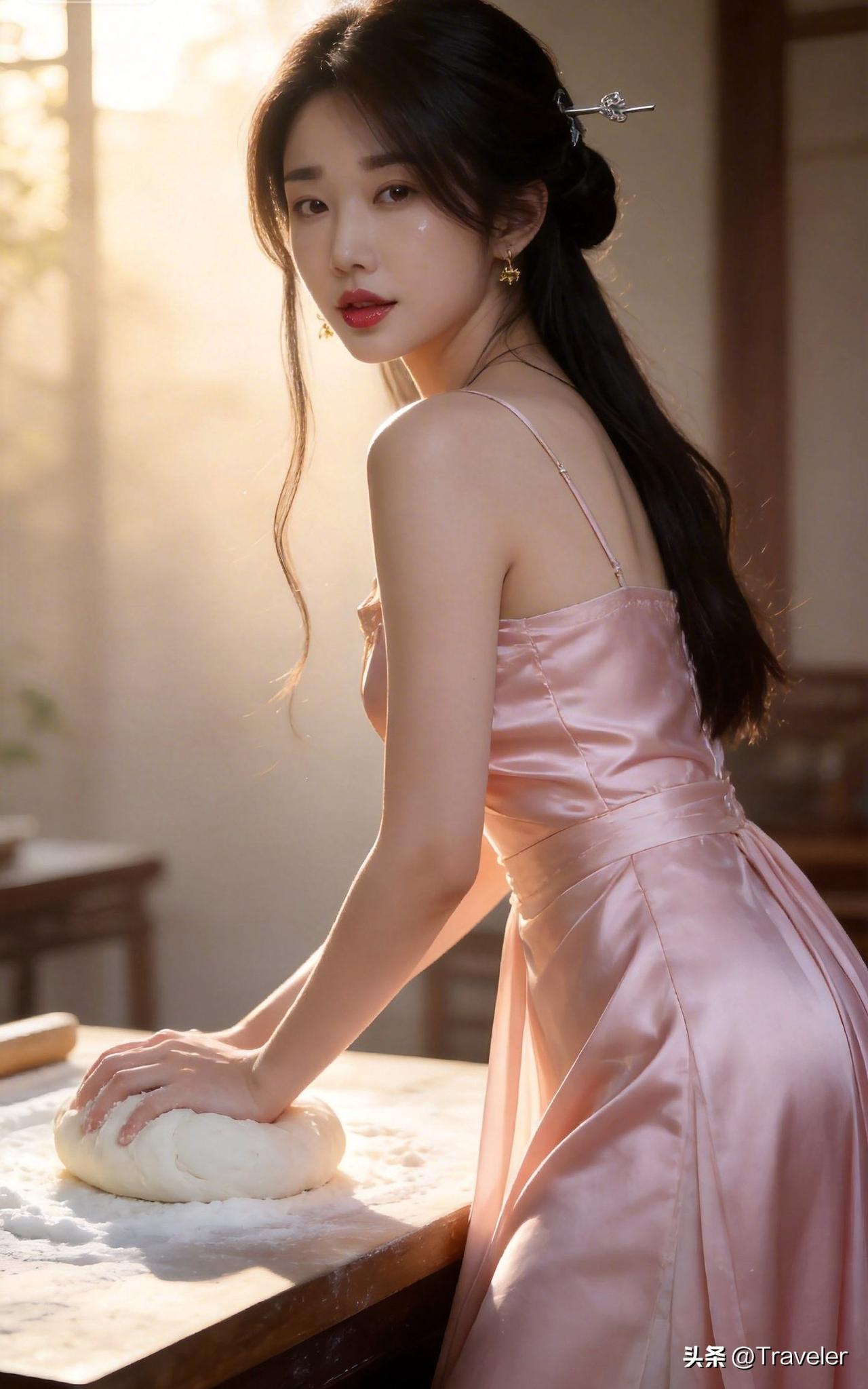 优雅少女烘焙时光，粉裙飘飘，甜蜜烘焙