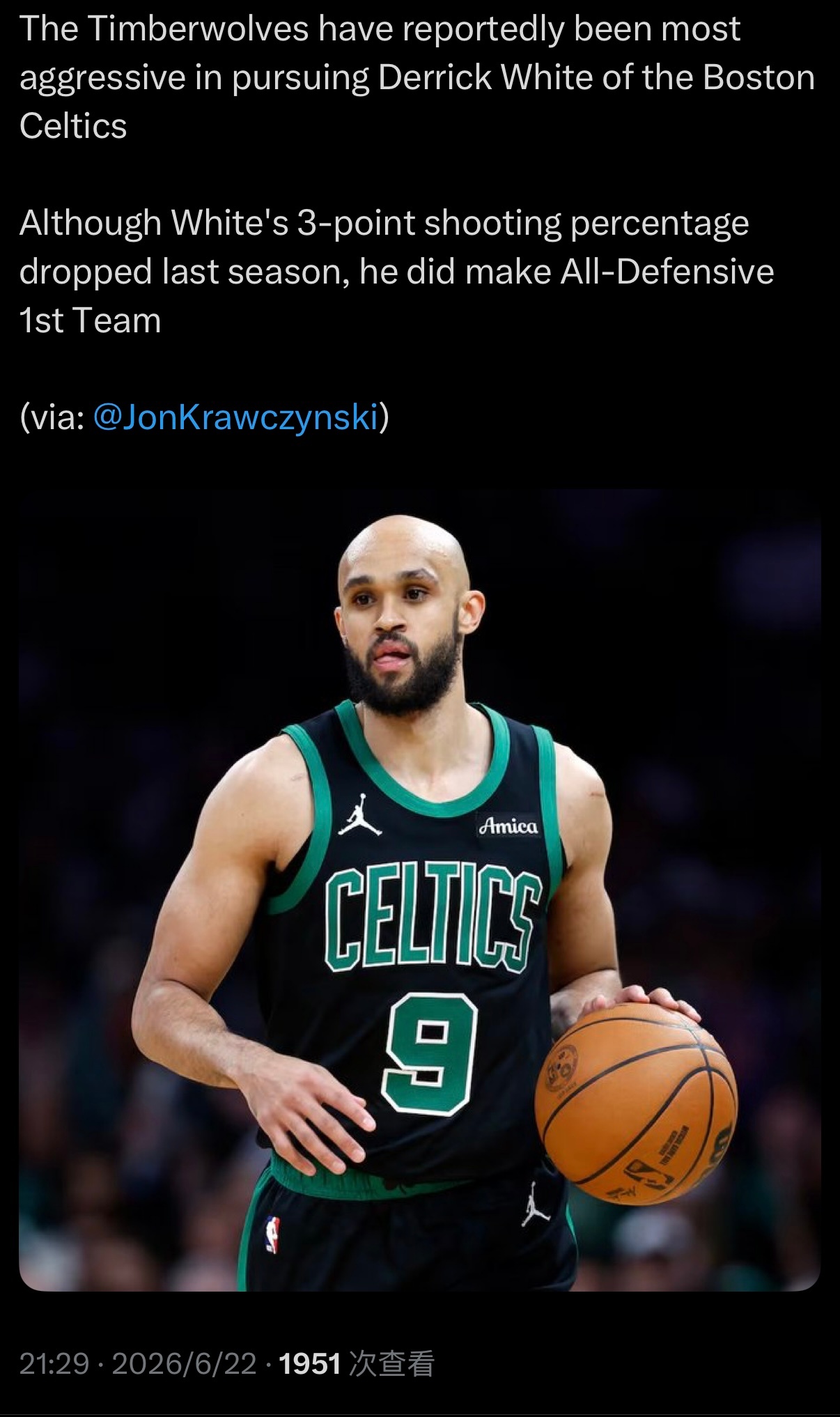 The Athletic森林狼记者：森林狼是追逐德里克·怀特态度最为积极的球队，