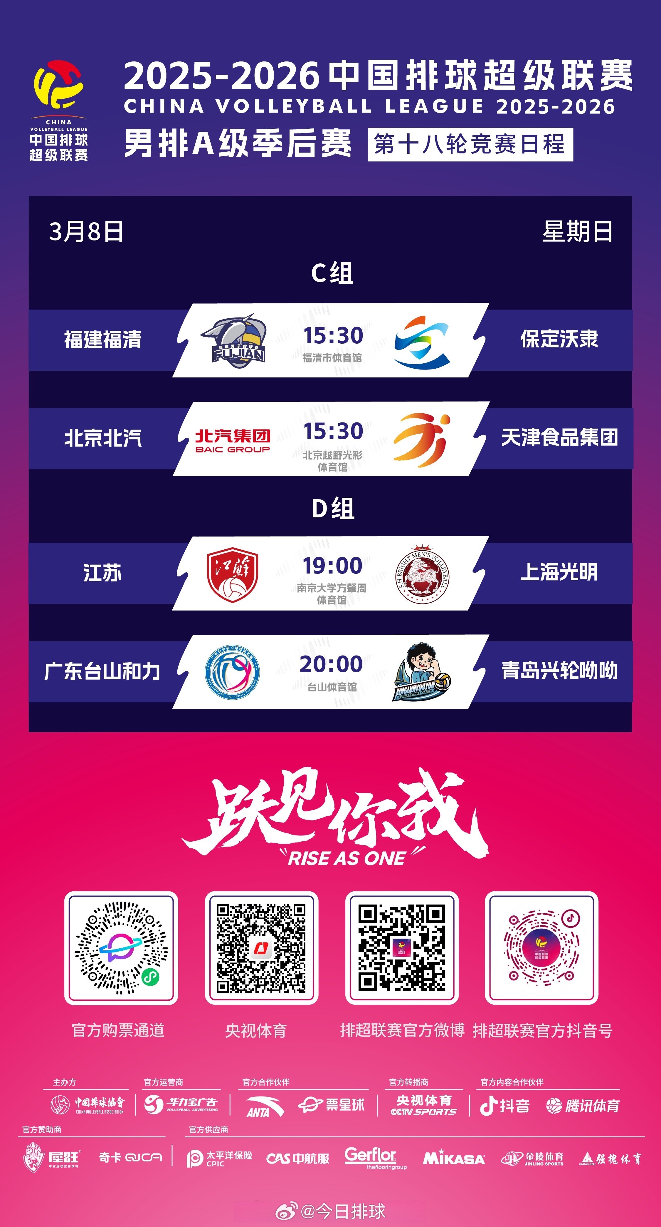2025-2026中国男排超级联赛 A级季后赛今天展开总第18轮的争夺：3月8日