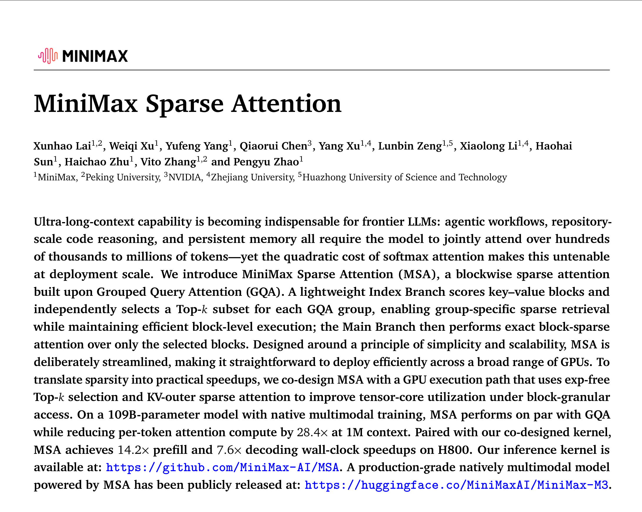MiniMax 3里的MSA（MiniMax Sparse Attention）