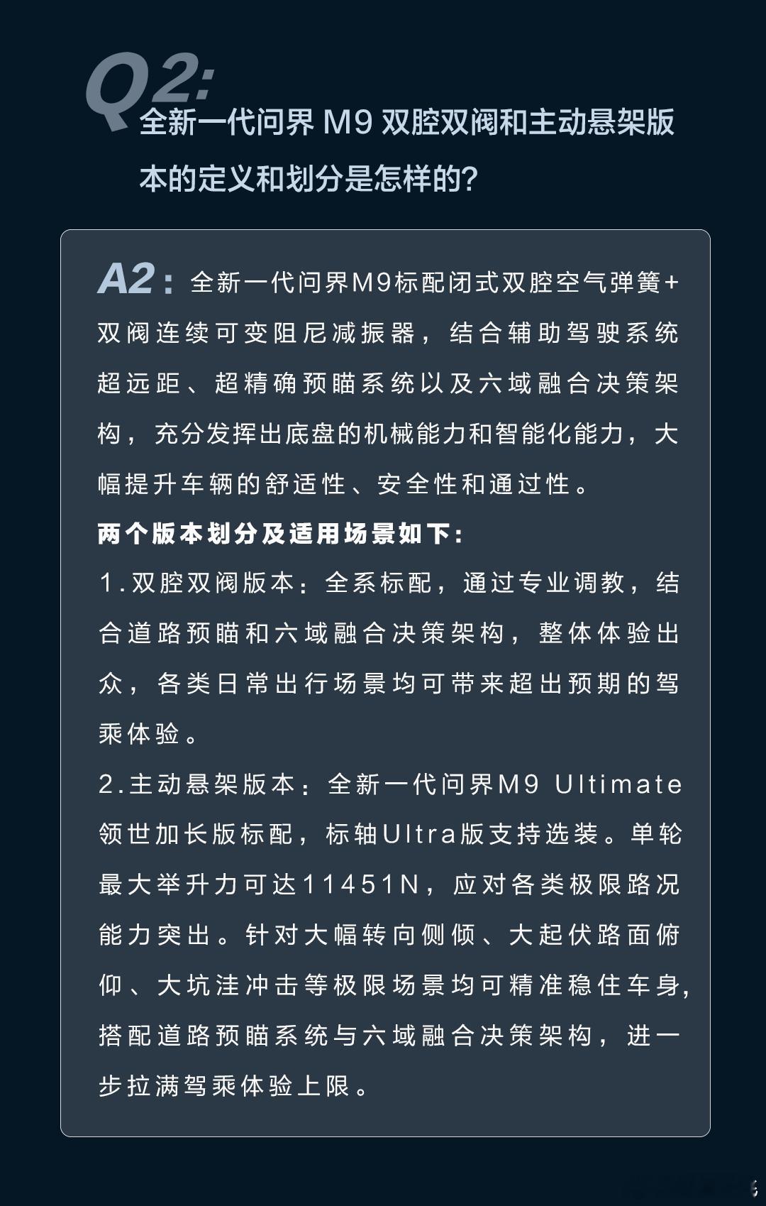 全新问界M9系列正式发布 问界M9不厌其烦的跟大家普及主动悬架的适用的优势场景。