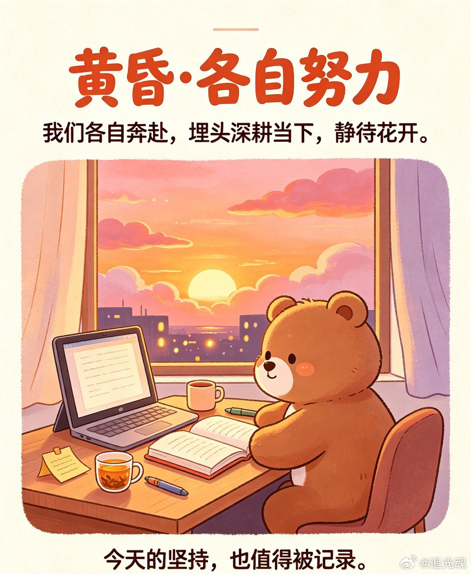 落日漫过窗台，我们各自奔赴。埋头深耕当下，静待花开的那天。 ​​​