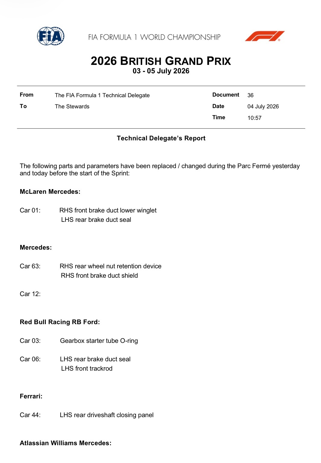 63号车冲刺赛前更换了以下部件右后轮螺母固定装置（RHS rear wheel 