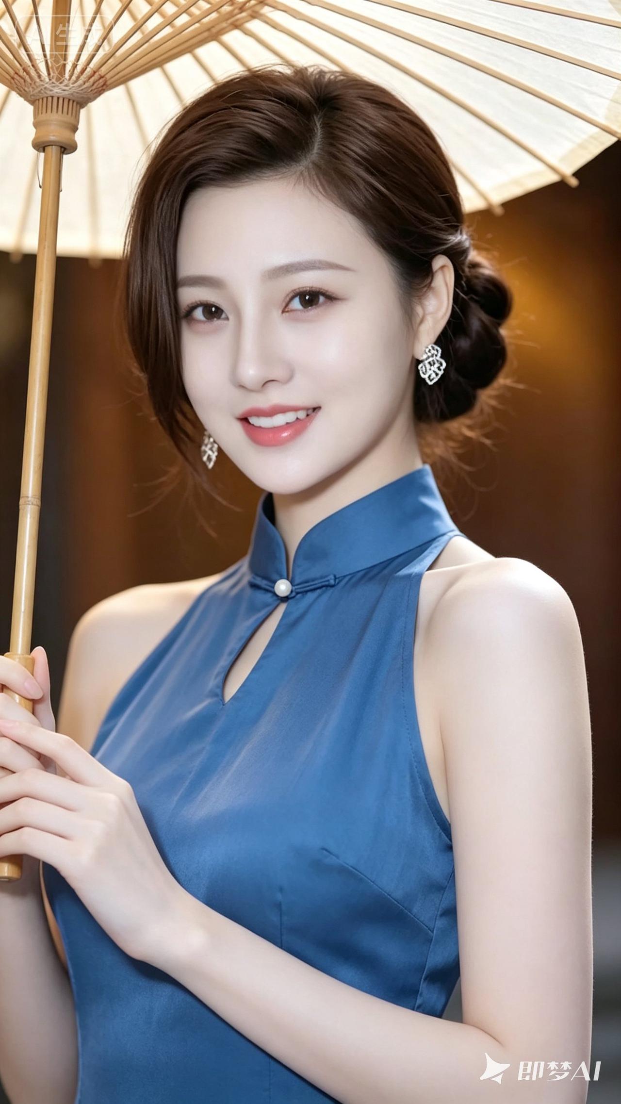 这姑娘打着伞，笑得真甜。