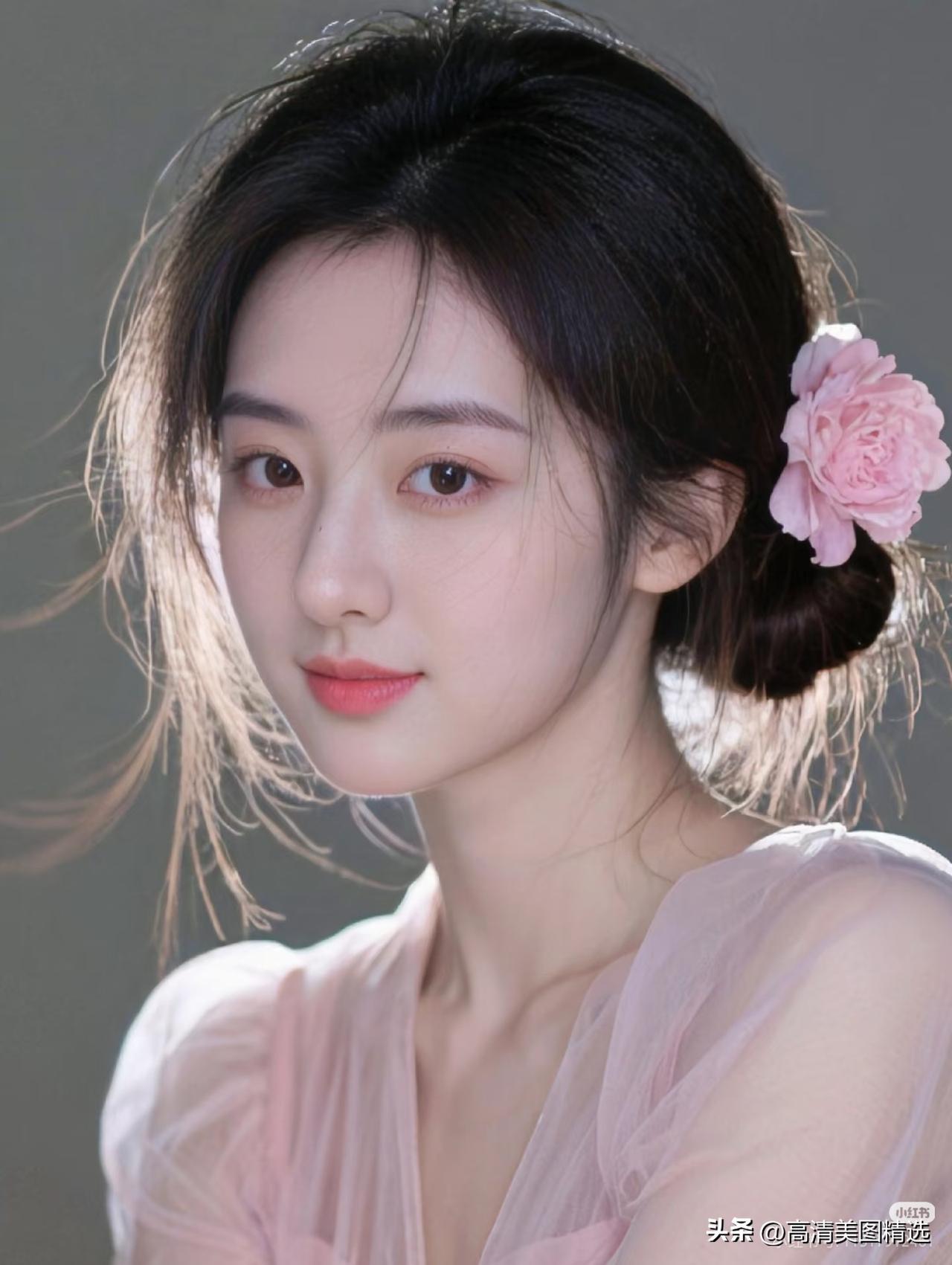 温柔少女，粉色花饰，唯美古风，清新自然。