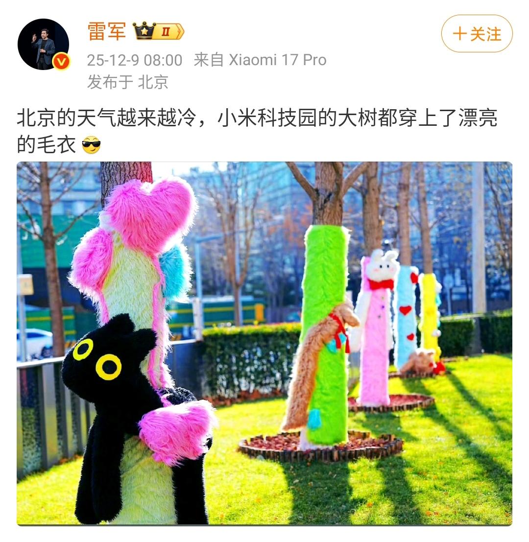 雷军：北京的天气越来越冷，小米科技园的大树都穿上了漂亮的毛衣 [酷] ​​​
别