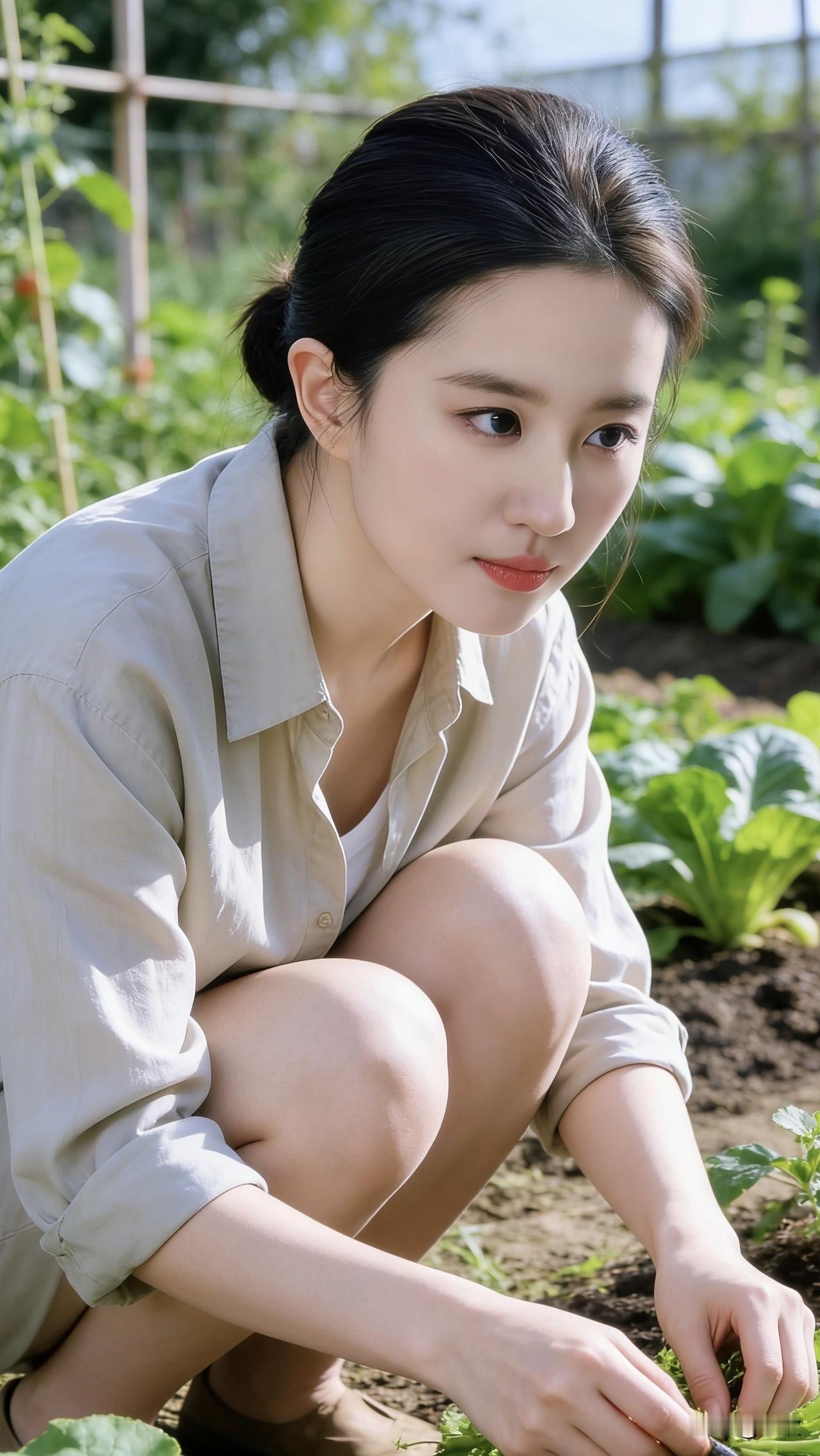 浅米色衬衫的衣角蹭过湿润的泥土，她蹲在菜园里，指尖轻触嫩绿的菜苗。晴日的暖光漫过