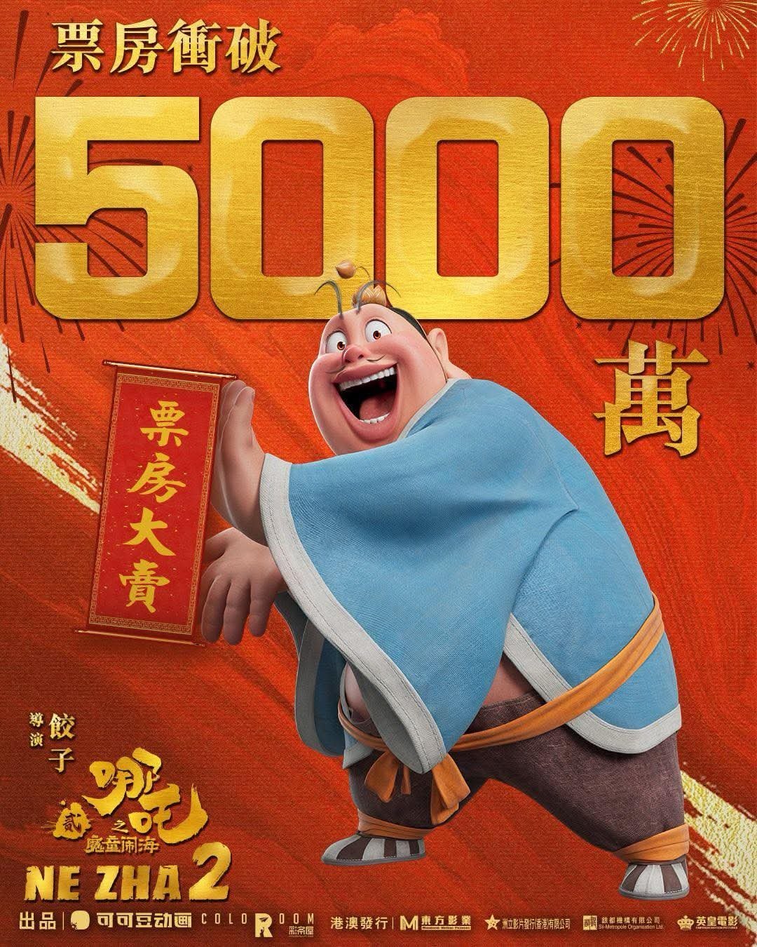 《哪吒之魔童闹海》港澳票房冲破5000万（香港4593万），排名香港影史动画第1