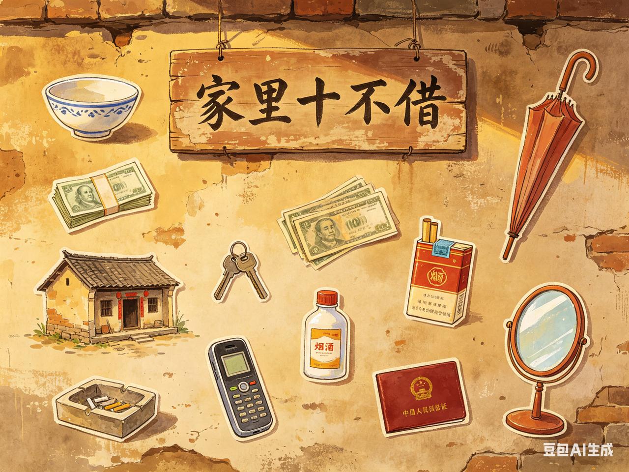 家里十不借（新版接地气版）
 
1，饭碗不能借
2，雨伞不能借
3，钱财不能借