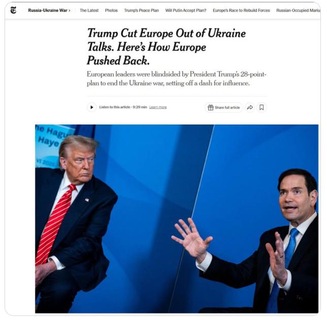 【梅尔茨对美国的和平计划感到震惊：他是从新闻中得知此事的。】《纽约时报》报道称，