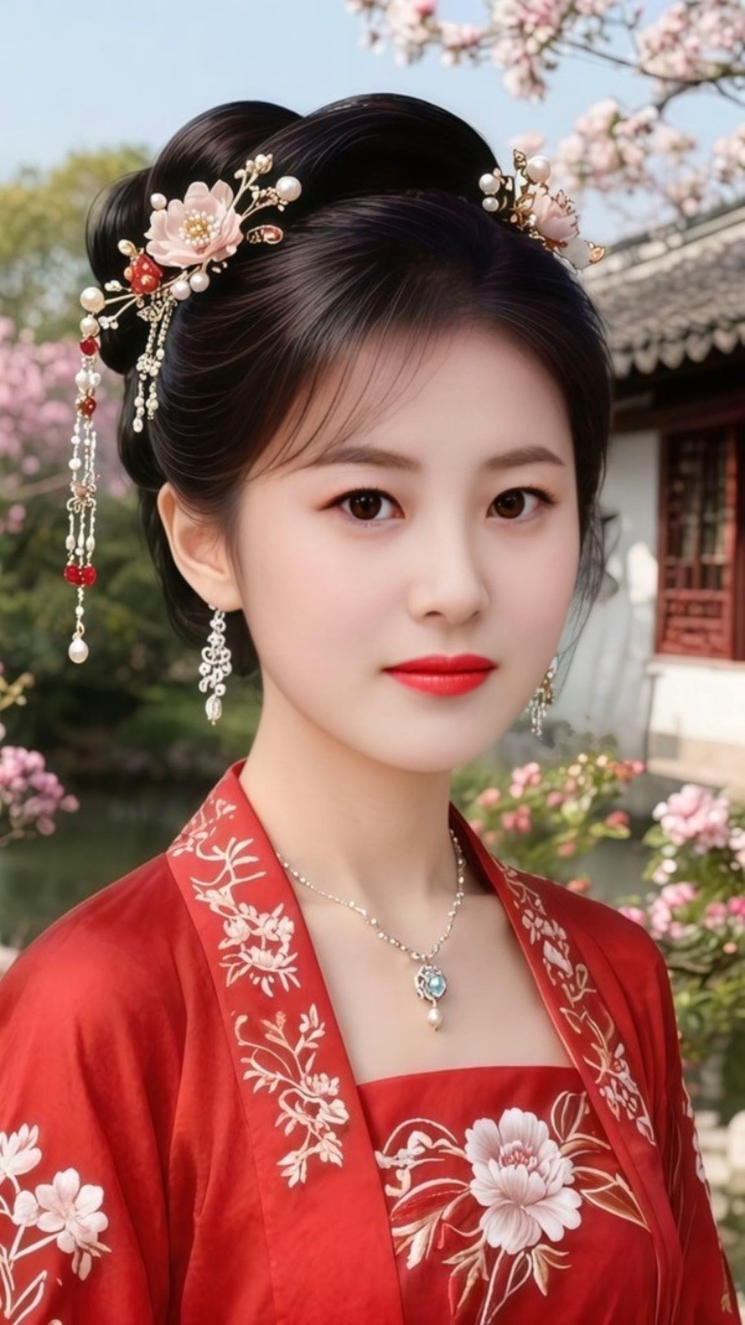 古风美人，花间仙子，红衣飘逸，韵味十足。