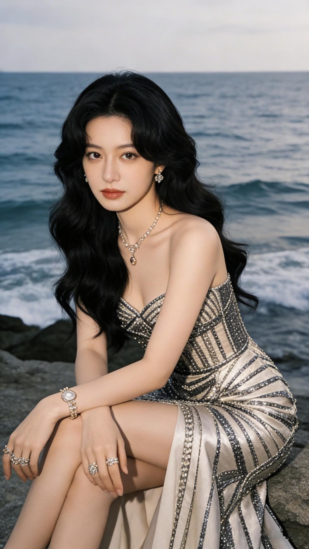 海边优雅女神，黑发红唇，闪耀珠宝，美不胜收！
黑发红唇女神 
海边游玩美女 
海