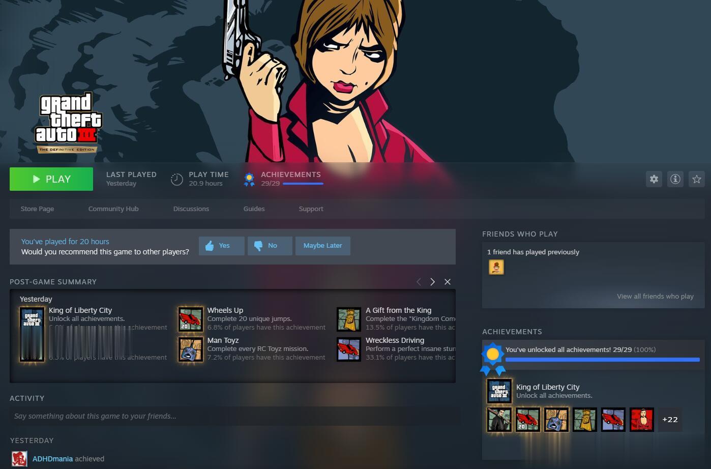 GTA3高清版解锁全成就，21个小时！ 如果给GTA3打分的话，我只能给6分GT