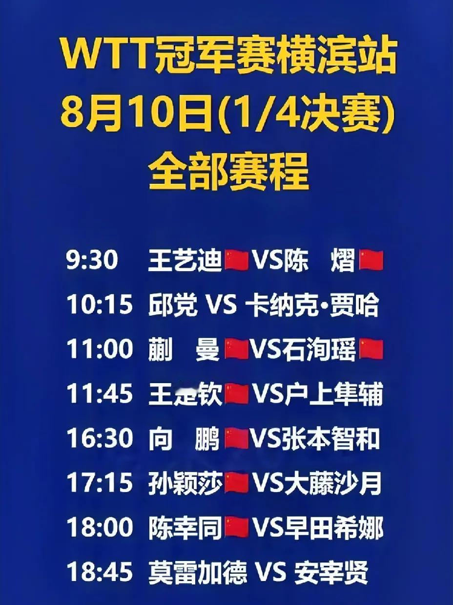 WTT横滨冠军赛四分之一决赛，
堪称中日大战。

10日的比赛更为精彩，
除了两