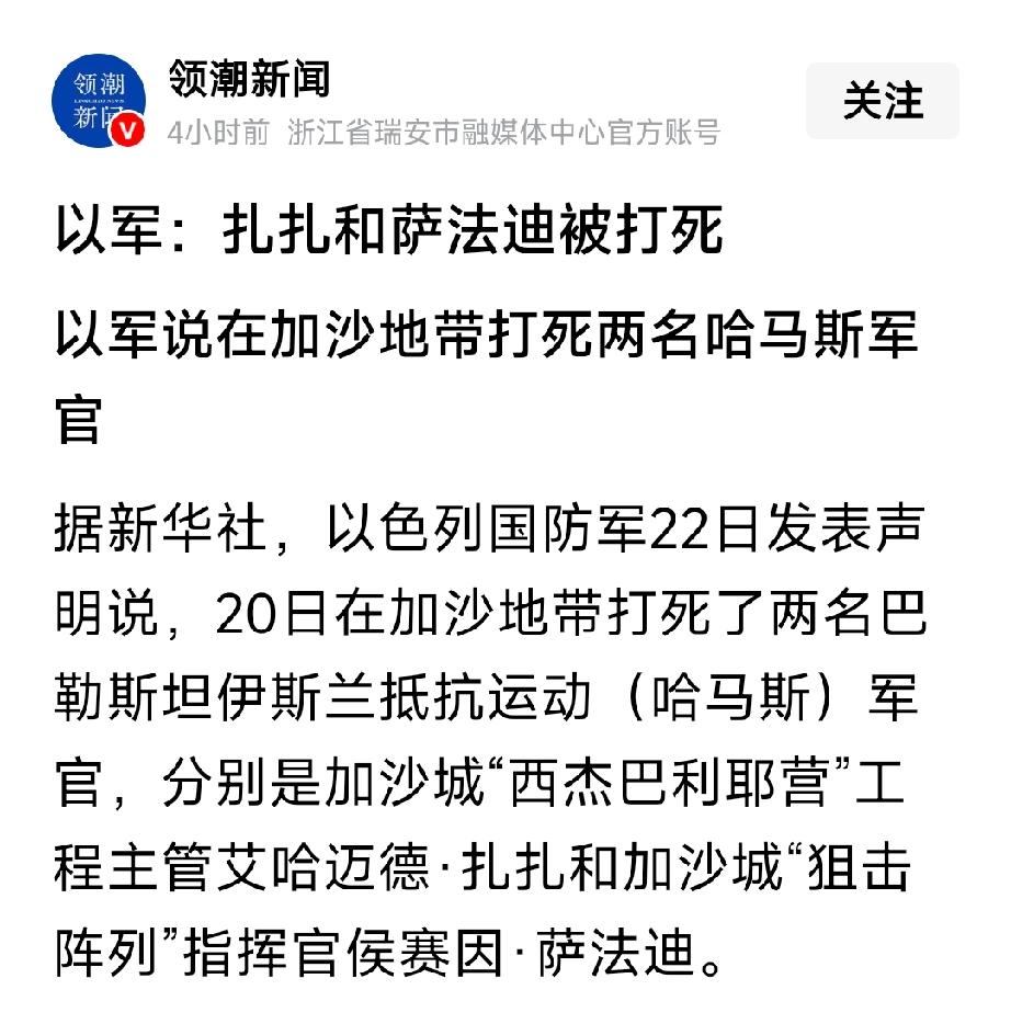 以色列：打死哈马斯工程主管扎扎和狙击指挥官萨法迪。大官都被打死差不多了，现在轮到