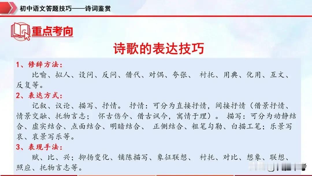 初中语文诗歌鉴赏知识梳理及答题技巧，会这样总结，才能提升自己！
在初中语文学习的