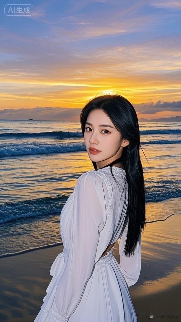海边日落下的温柔少女，白纱裙随风飘扬，美得如梦如幻。