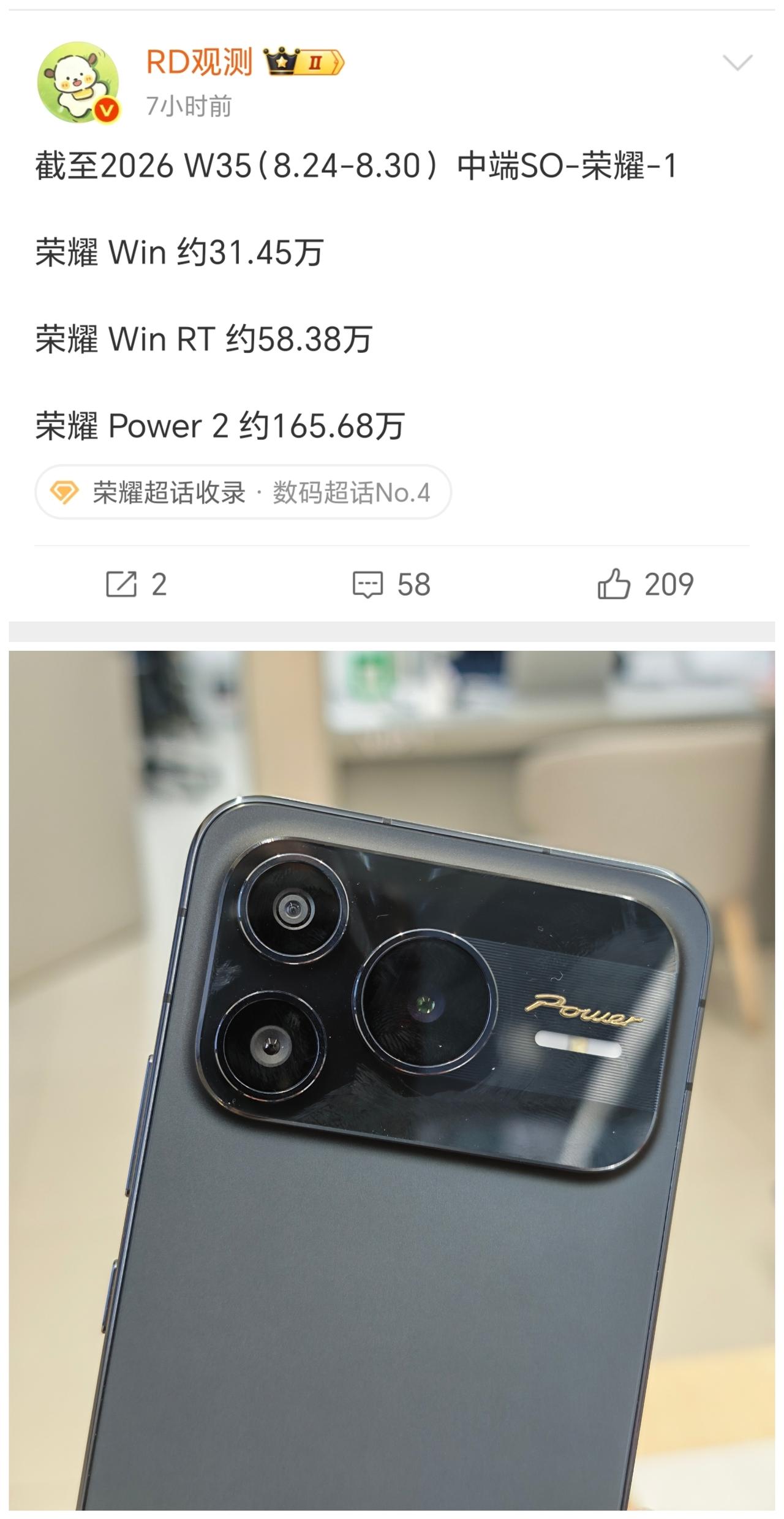 荣耀中端机增速明显放缓了。
荣耀Win系列90万台左右，荣耀Power2系列16