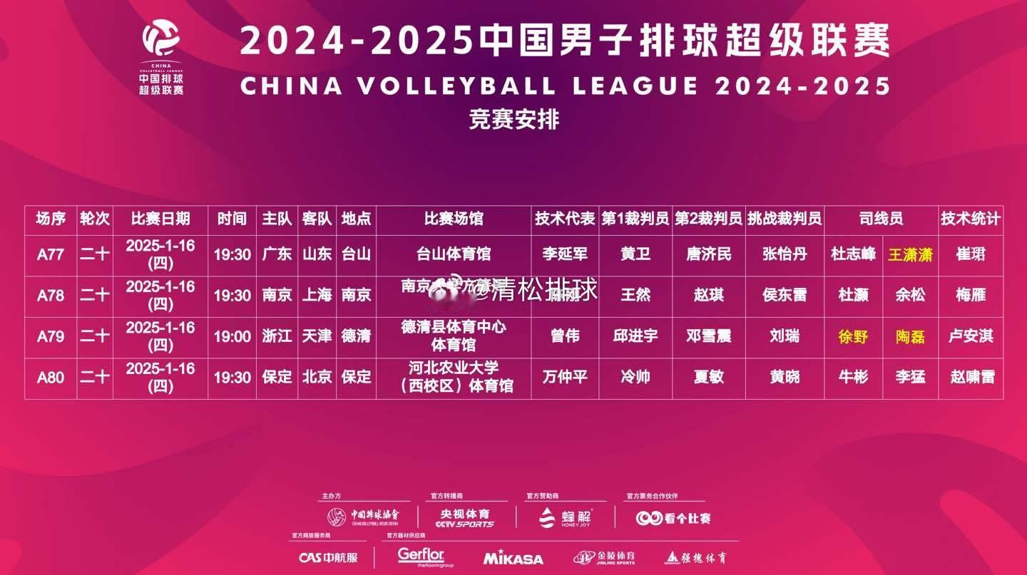 【赛程】2024-2025中国男排超级联赛A级季后赛第二十轮赛程（1.16 周四