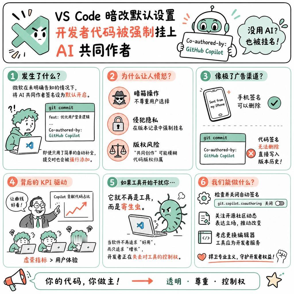 【VS Code 暗改默认设置，开发者代码被强制挂上 AI 共同作者】

快速阅