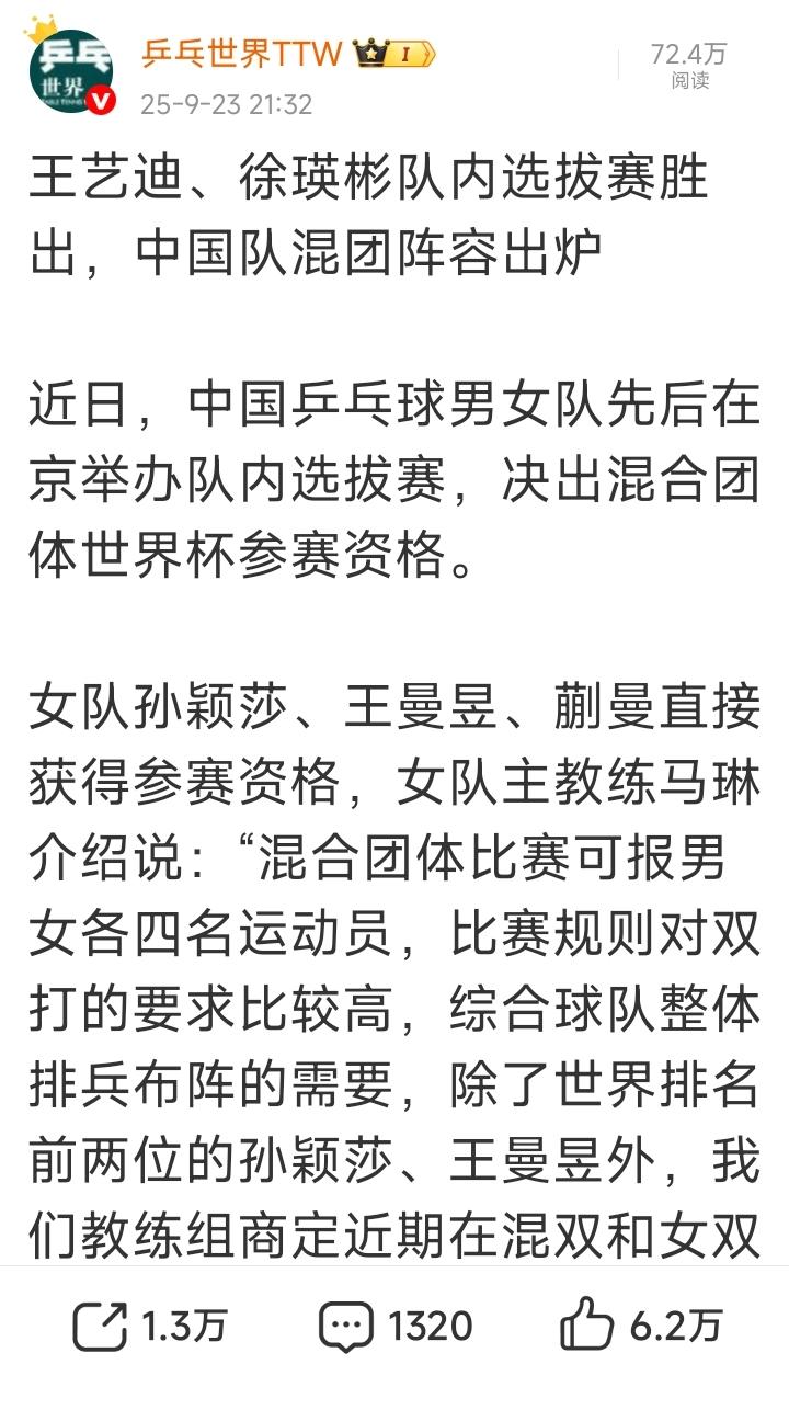 王艺迪、徐瑛彬被选拔为
2025成都国际乒联混团世界杯男队、女队的第四人！
徐瑛