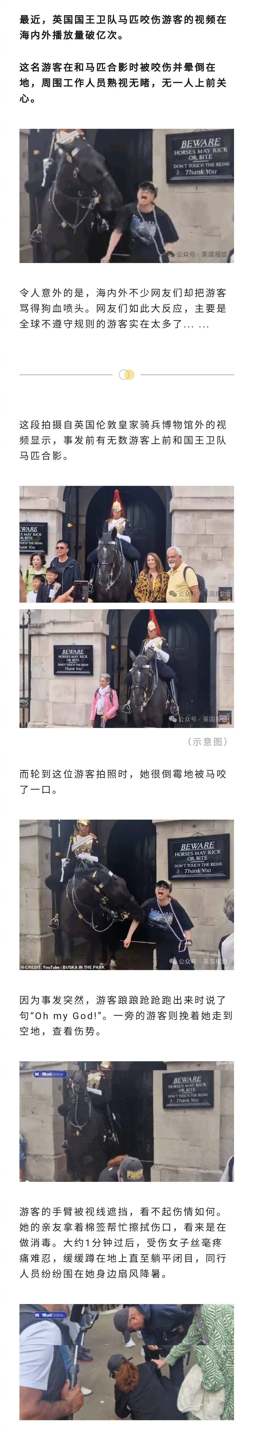 #英国国王护卫马咬伤游客#最近，英国国王卫队的马匹咬伤一名合影的游客，导致对方晕