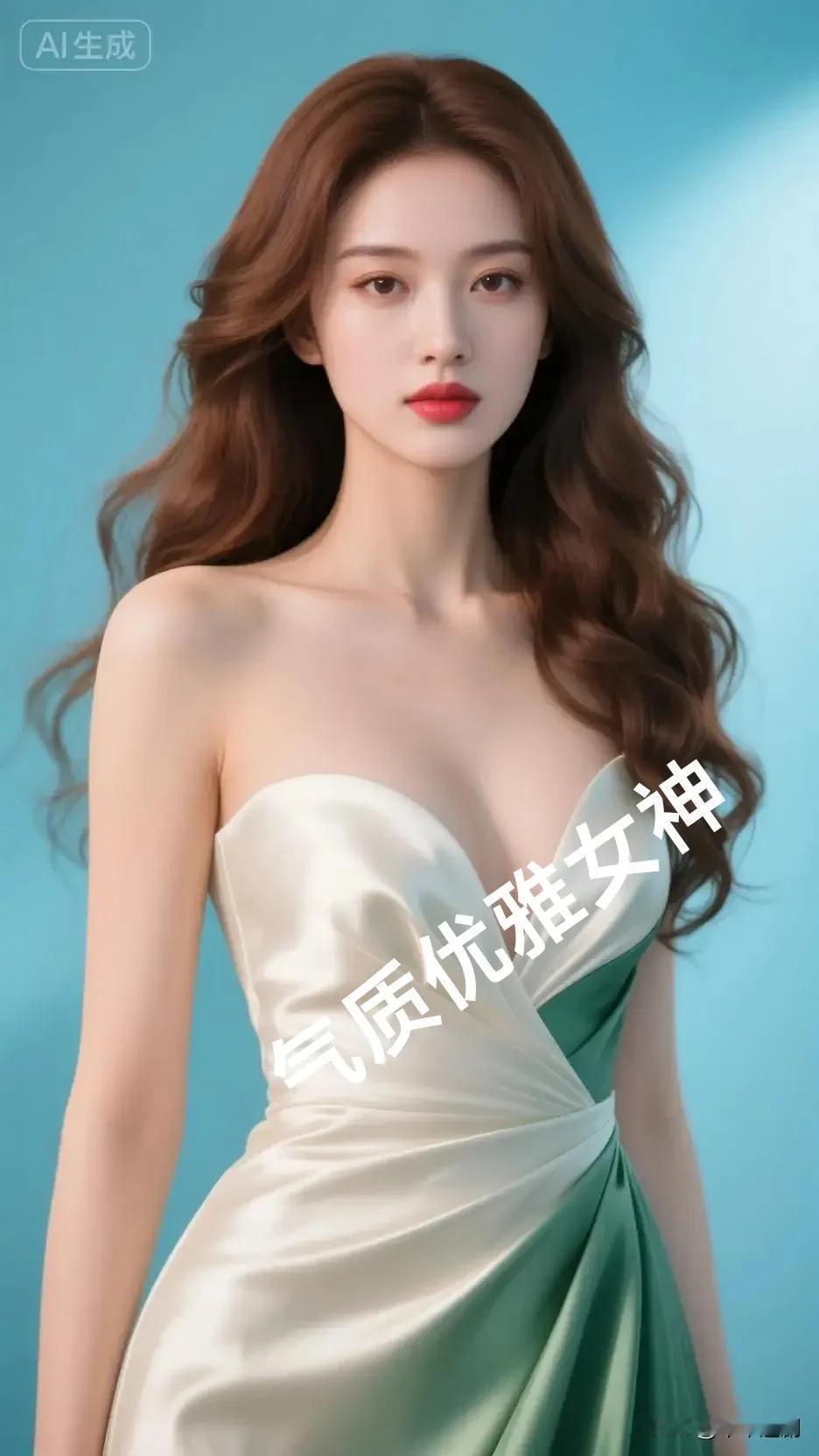 女人最美是气质还是最美的是善良?缎裙晕开青白的柔，露肩的弧度碰碎浅蓝光影，发卷漫