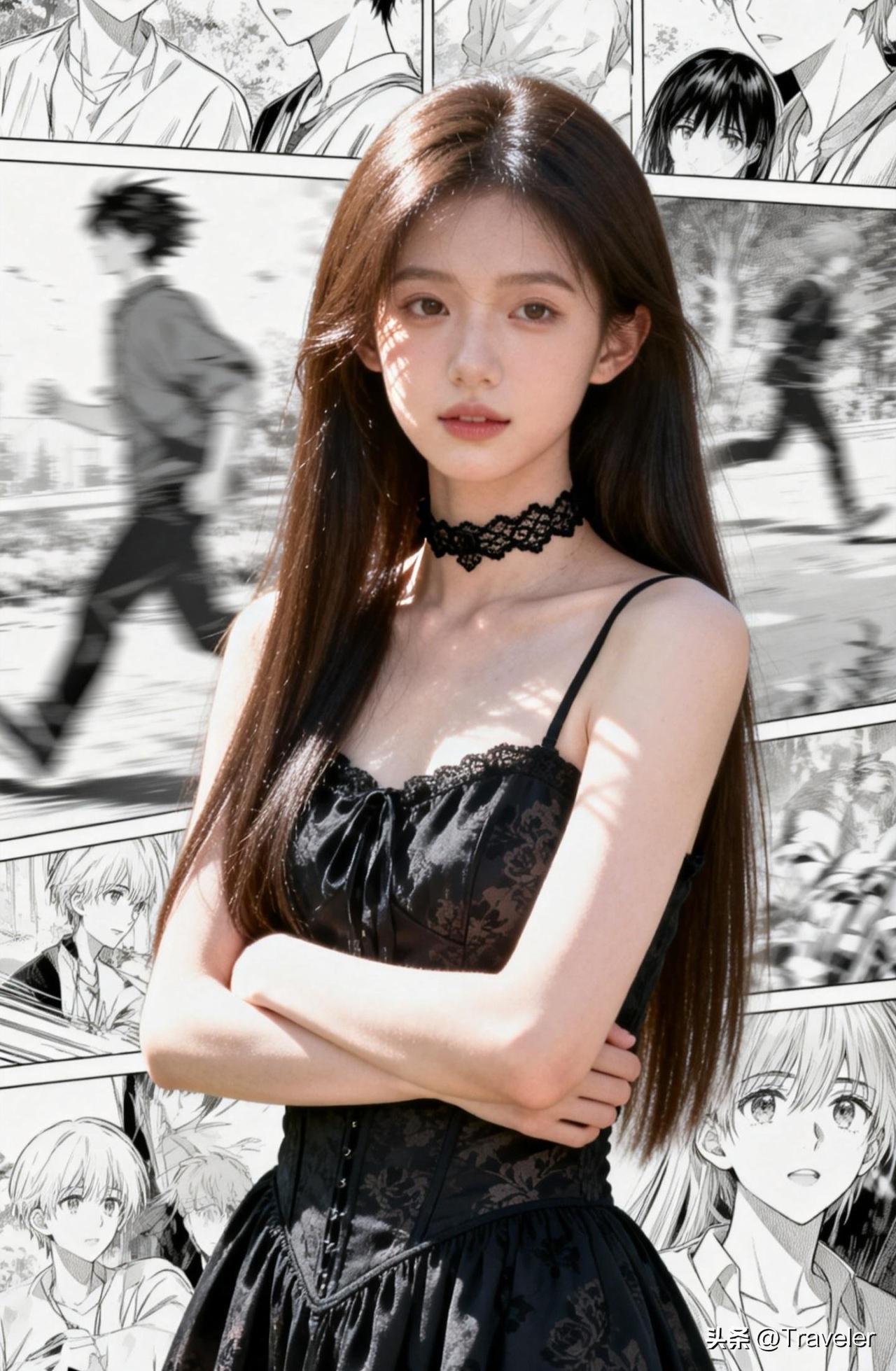 黑发少女与动漫背景的完美融合，复古与现代的碰撞！