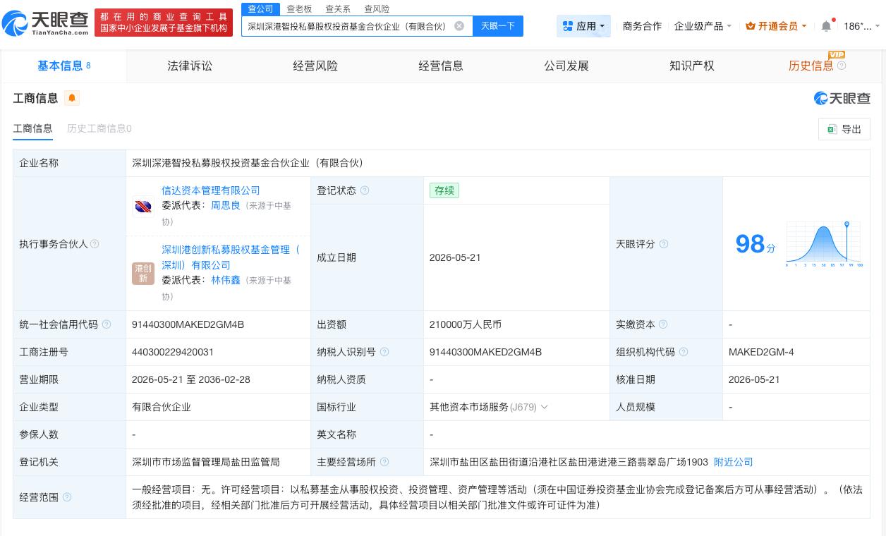 中国信达等成立新基金 出资额21亿

天眼查App显示，近日，深圳深港智投私募股