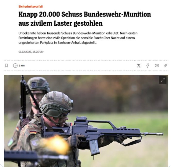 德国两万发弹药被盗据《明镜》周刊援引德国国防部消息报道。在德国，身份不明的窃贼从