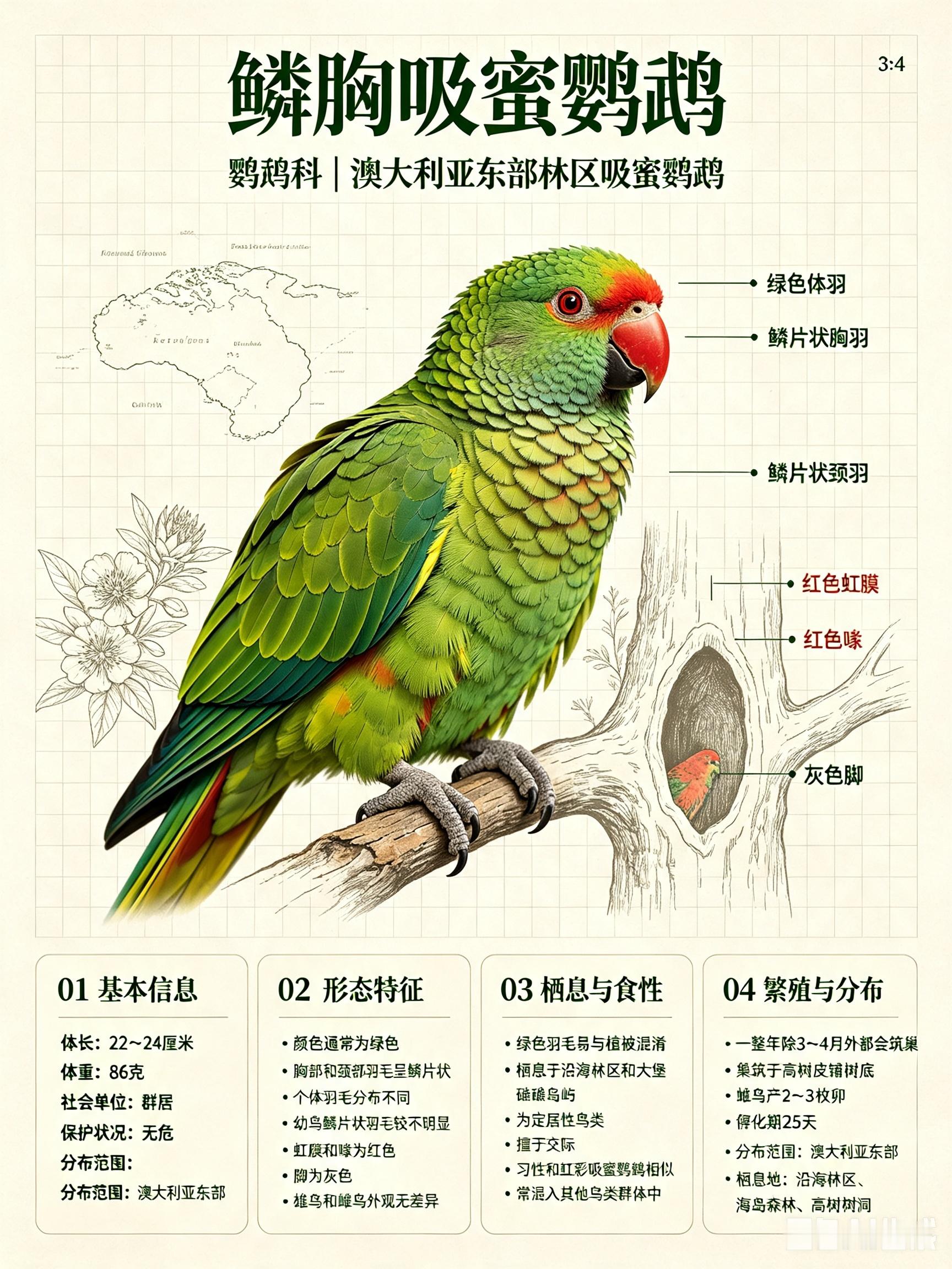 鸟类朋友图鉴 鳞胸吸蜜鹦鹉体长：22~24 厘米体重：86 克社会单位：群居保护