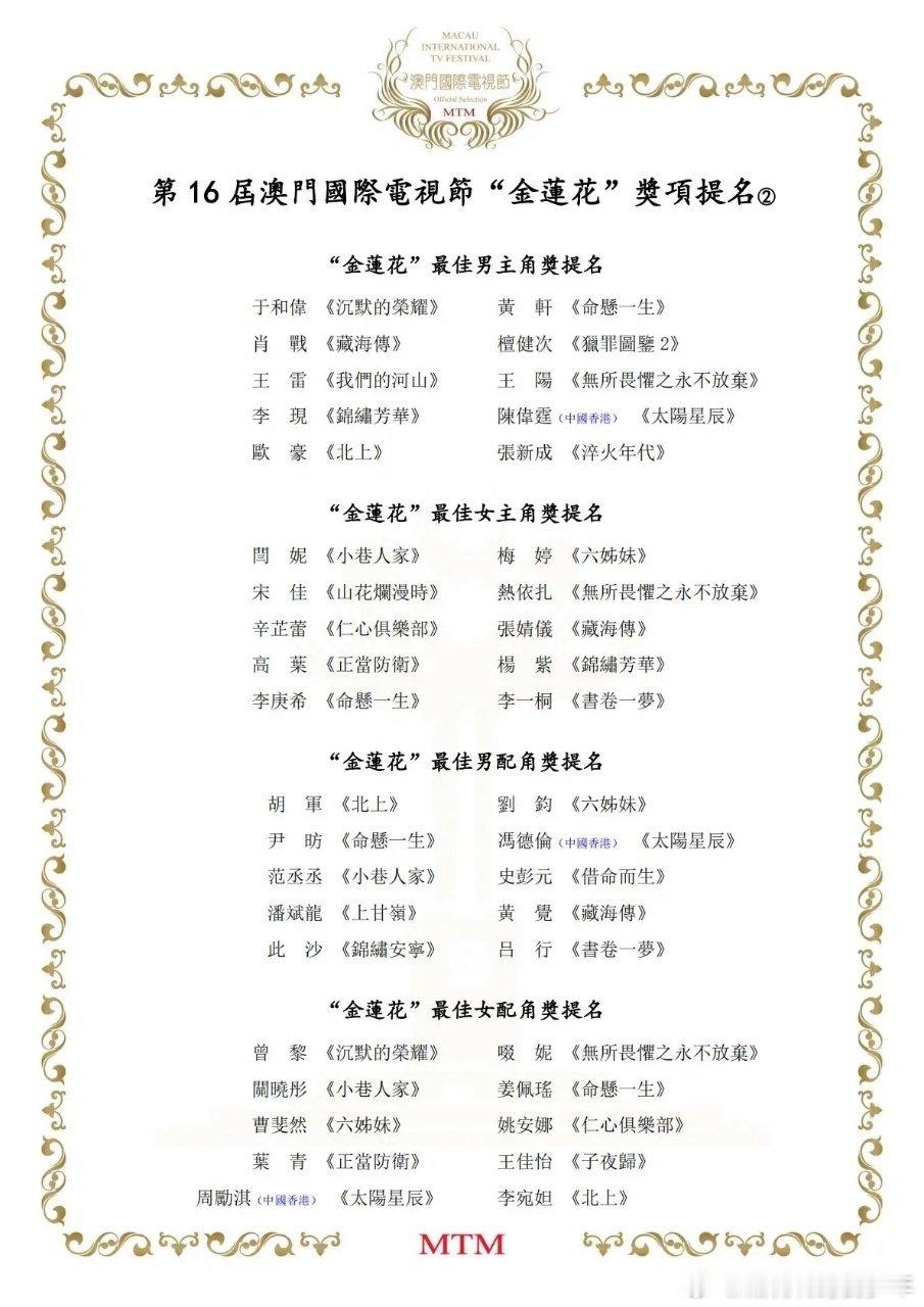 第16届澳门国际电视节“金莲花奖”奖项提名今日公布，肖战凭借《藏海传》提名“最佳