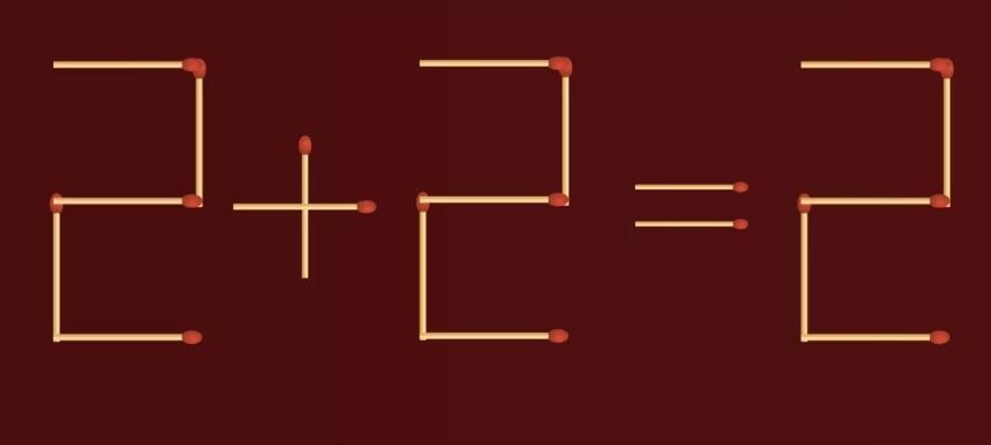 烧脑时刻到！移动两根火柴棍使等式成立。现在等式是“2 + 2 = 2”，显然不成