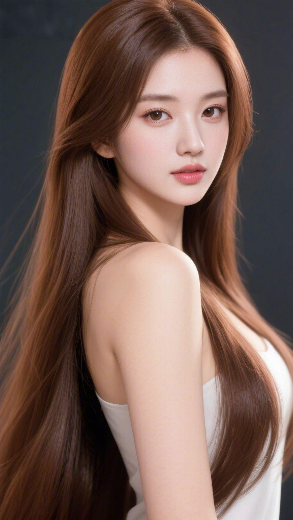 棕发映眸蕴温柔
 
深灰背景如墨砚轻铺，棕调长发似糅了暖光的丝缎，从发顶垂落肩头