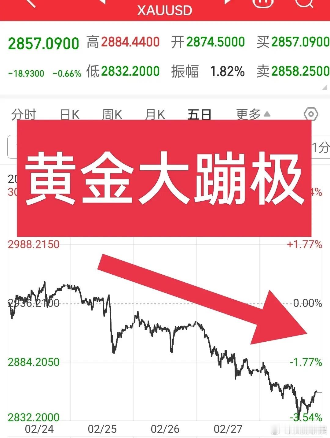 罕见信号！国际黄金大蹦极，一次又一次的跳水，这一回终究还是下破2860美元每盎司