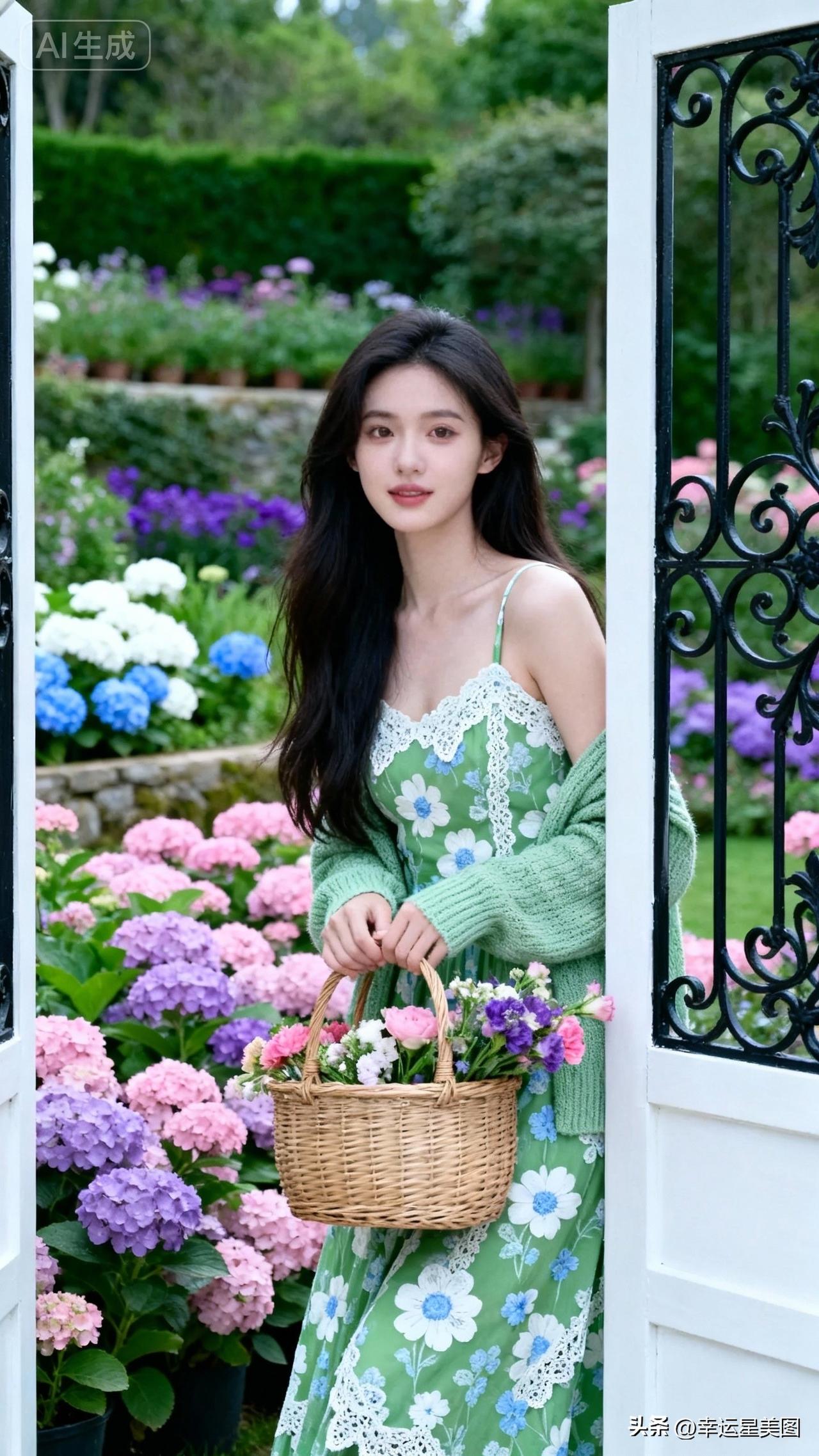 春日花海中的少女，手捧花篮，清新自然。