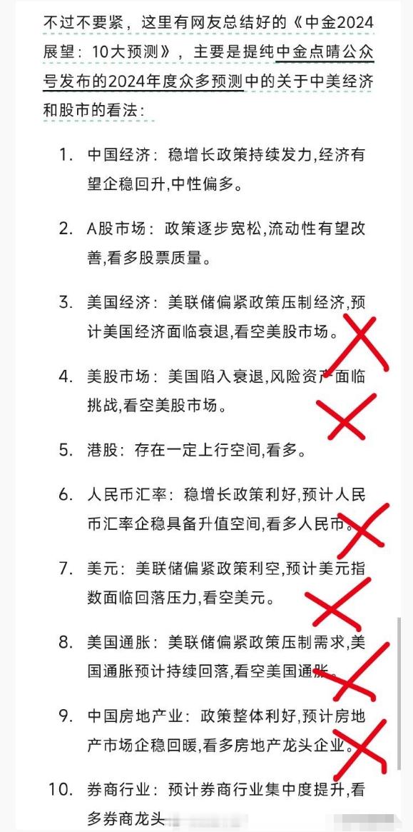 a股  券商头部预测结果2024年，中金十大预测，对了4个，和拍脑袋差不多。20