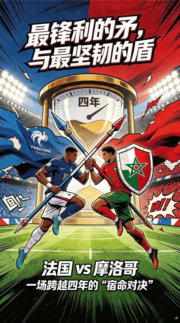 四年轮回再度相遇，卫冕冠军法国对上非洲最强摩洛哥！姆巴佩领衔豪华锋线冲击对手五后